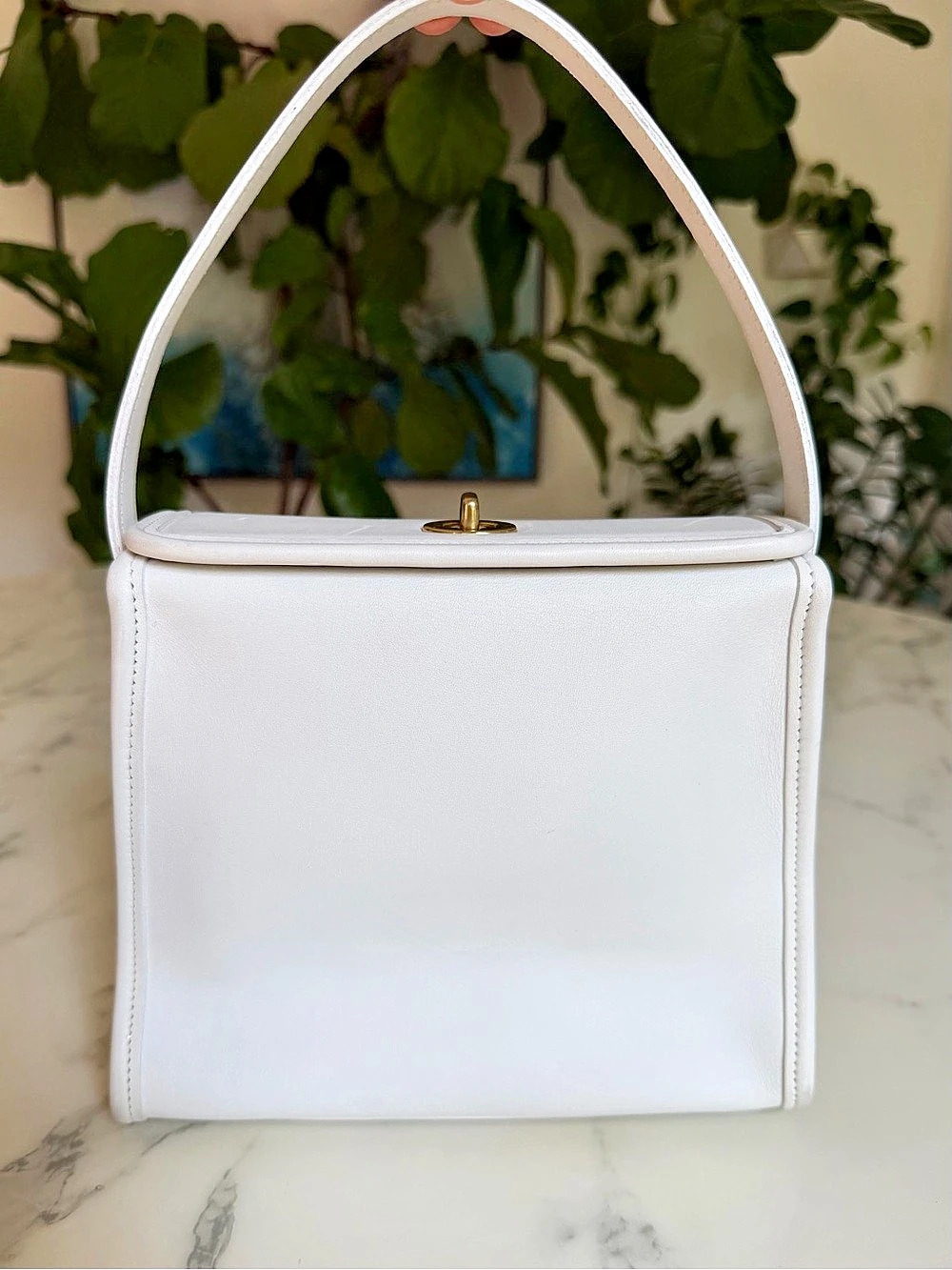 Coach Geometric Turn Lock Top Handle Bag 9043 White Leather Brass 90s USA